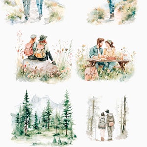 K&ouml;nnte beinhalten: Aquarell-Illustrationen von Paaren, die Outdoor-Abenteuer genie&szlig;en. Die Illustrationen zeigen Paare beim Wandern, Sitzen auf einem Felsen, Picknicken, Spazierengehen durch einen Wald und Sitzen auf einer Bank. Die Illustrationen sind im Aquarellstil gehalten und zeigen eine Vielzahl von Farben, darunter Gr&uuml;n, Blau, Braun und Wei&szlig;.