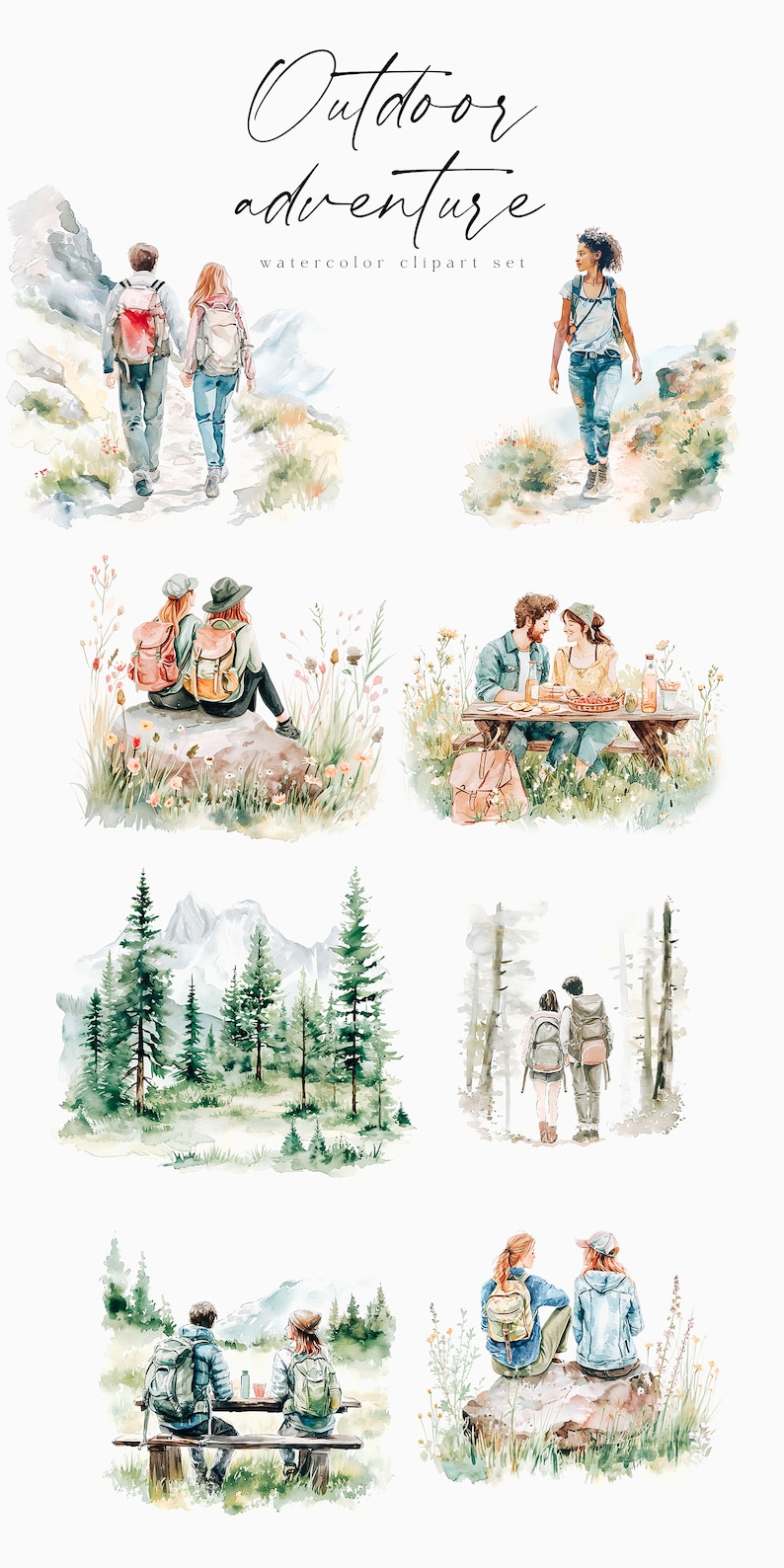K&ouml;nnte beinhalten: Aquarell-Illustrationen von Paaren, die Outdoor-Abenteuer genie&szlig;en. Die Illustrationen zeigen Paare beim Wandern, Sitzen auf einem Felsen, Picknicken, Spazierengehen durch einen Wald und Sitzen auf einer Bank. Die Illustrationen sind im Aquarellstil gehalten und zeigen eine Vielzahl von Farben, darunter Gr&uuml;n, Blau, Braun und Wei&szlig;.
