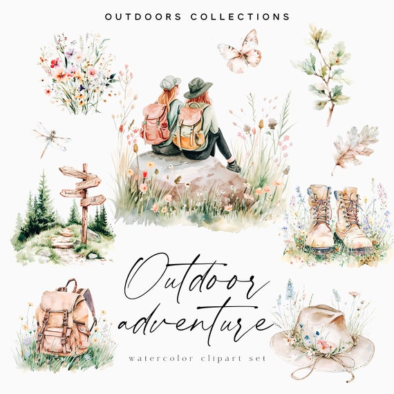 Watercolor Hiking Clipart, Woodland Adventure Graphics (Digital Download)