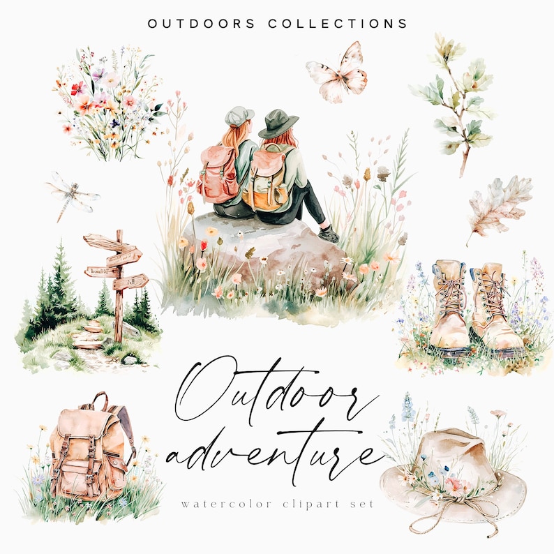 K&ouml;nnte beinhalten: Aquarell-Clipart-Set mit zwei Wanderern mit Rucks&auml;cken, einer Libelle, einem Wegweiser, einem Hut, Stiefeln und einem Strau&szlig; Wildblumen. Der Text "Outdoor adventure watercolor clipart set" ist im Bild enthalten.