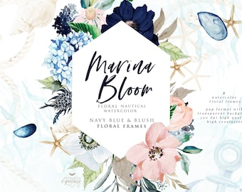 May include: Watercolor floral frames in navy blue and blush colors with a nautical theme. The frames feature hydrangeas, anemones, and seashells. The text "Marina Bloom" is in the center of the image.