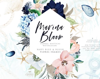 Marina Bloom, Navy Blush Watercolor Floral Frames Clipart, Navy Blue Peony, Anemone, Blush Rose, Thistle, Blue Hydrangea, Nautical Clipart