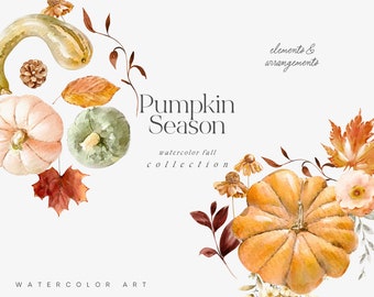 Aquarel herfst clipart – pompoenen, bloemen, bladeren