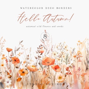 Clipart automne aquarelle, bordures florales automne, fleurs d'automne, feuilles d'automne, automne Clipart, fleurs sauvages, bordures florales aquarelle