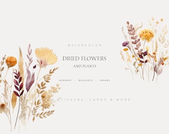 Watercolor Dried Flowers Clipart, Bouquets, Borders, Frames (PNG Digital Download)