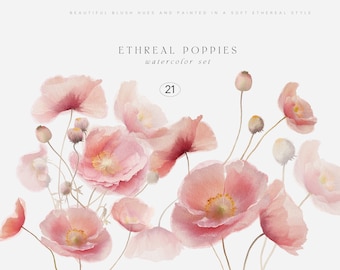 Watercolor Pink Poppy Clipart, Floral Bouquets & Wreaths (Digital Download)