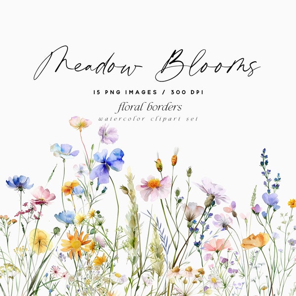 Watercolor Floral Borders Clipart, Wild Flowers Borders, Spring Flowers, Summer Wildflowers, Watercolor Meadow Flowers, Wedding Clipart