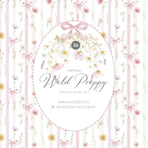 Può includere: Set di acquerelli con un design floreale di fiori selvatici rosa e gialli, fiocchi e strisce verticali. Il testo "Wild Preppy" è visualizzato in una cornice ovale, con le parole "Arrangements & Seamless Patterns" sottostanti.