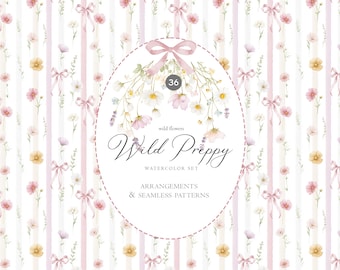 Watercolor Wildflower Clipart Set: Rustic Floral Wreaths, Borders, Bouquets, Seamless Patterns