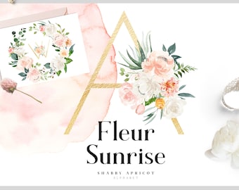 Fleur Sunrise Alphabet, Watercolor Floral Alphabet, Gold Letters, Gold Alphabet, Gold Ampersant, Blush Peony, Blush Rose, White Flowers