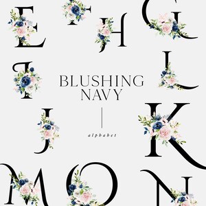Blush and Navy Floral Alphabet and Ampersand, Navy and Blush Watercolor ...