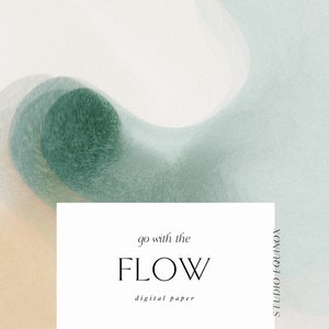 May include: Abstract digital paper with a swirling green and blue design. The text "go with the FLOW digital paper" is on a white rectangle in the centre of the image.