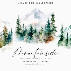 Clipart di montagne e foreste ad acquerello, Clipart di boschi selvaggi, Clipart di foreste di pini, Paesaggi montani, Clipart di adesivi, Scene di montagna