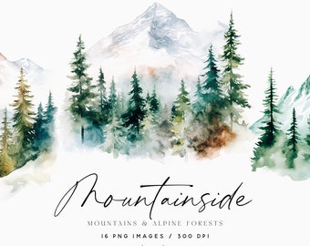 Aquarell Berge Clipart, Waldszenen (PNG, digitaler Download)