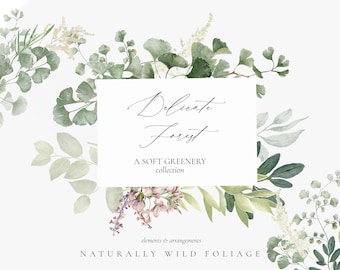 Watercolor Greenery Clipart, Forest Foliage Elements, Wreaths, Frames (Digital Download)