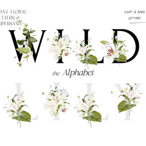 Alfabeto floral de lirio salvaje, ampersand floral, alfabeto de lirios blancos, letras florales, alfabeto floral en mayúsculas, letras blancas y letras oscuras