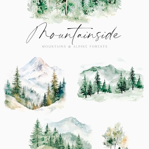 May include: Watercolor illustrations of mountains and forests. The illustrations are in shades of green, blue, and white. The text "Mountainside" and "Mountains & Alpine Forests" is included in the image.