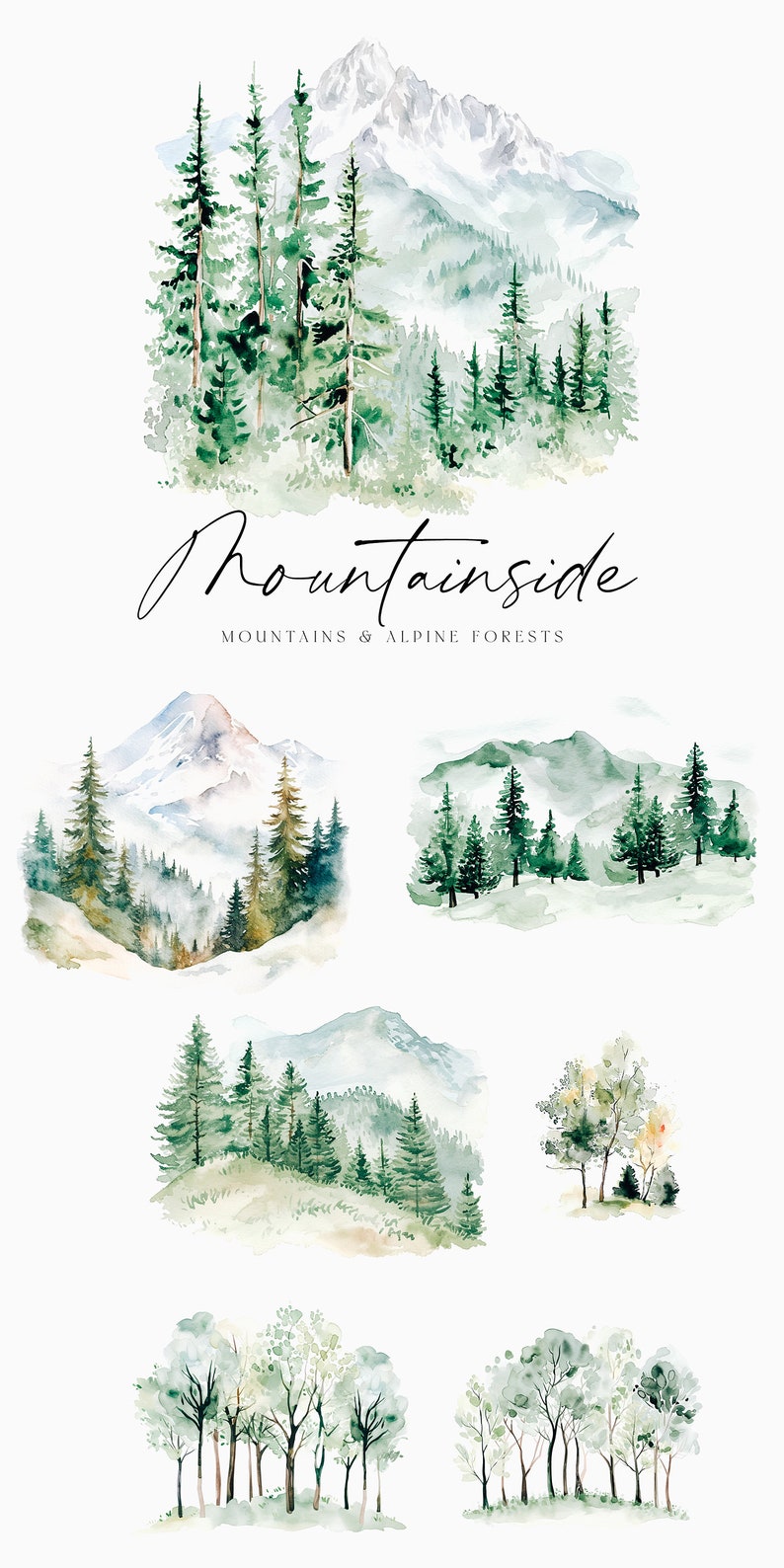 May include: Watercolor illustrations of mountains and forests. The illustrations are in shades of green, blue, and white. The text "Mountainside" and "Mountains & Alpine Forests" is included in the image.