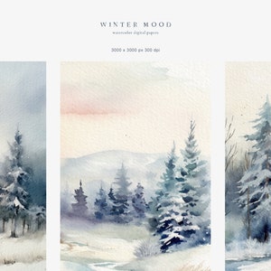 Aquarel winterboslandschappen, aquarel clipart, digitaal papier, aquarel bosachtergronden, winterbos achtergronden, pijnboom