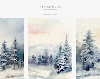 Watercolor Winter Forest Landscapes, Watercolor Clipart, Digital Papers, Watercolor Forest Backgrounds, Winter Forest Backgrounds, Pine Tree