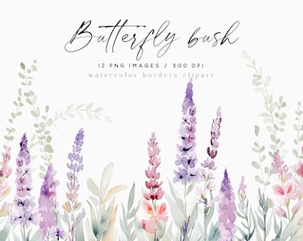 Watercolor Butterfly Bush Floral Borders Clipart (PNG)