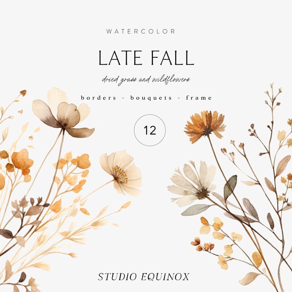 Watercolor Fall Clipart, Fall Wildflowers Clipart, Autumn Floral Border, Autumn Bouquet, Fall Floral Frame, Watercolor Clipart