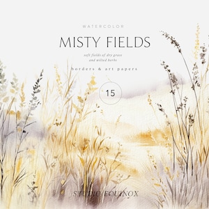Op de afbeelding: Waterverfillustratie van een veld met droog gras en wilde bloemen in tinten bruin, grijs en geel. De tekst "WATERCOLOR MISTY FIELDS soft fields of dry grass and wilted herbs borders & art papers 15 STUDIO EQUINOX" is zichtbaar in de afbeelding.
