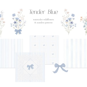 May include: Watercolor illustrations featuring blue wildflowers, bows, and seamless patterns. The text "Tender Blue" is displayed above the watercolor elements. The patterns include stripes, bows, and a diamond pattern.