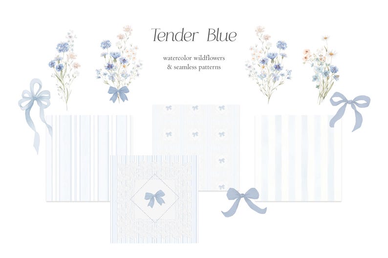 May include: Watercolor illustrations featuring blue wildflowers, bows, and seamless patterns. The text "Tender Blue" is displayed above the watercolor elements. The patterns include stripes, bows, and a diamond pattern.
