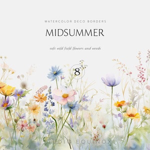 Aquarell Blumen Bordüren, Blumen Bordüren Clipart, Wildblumen Clipart, Aquarell Feldblumen, vorgefertigte Bordüren, Sommer Hochzeit Clipart