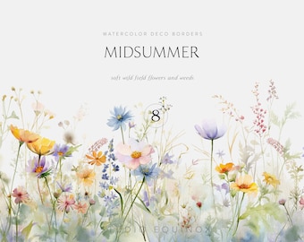 May include: Watercolor illustration of a border of soft wild field flowers and weeds in shades of blue, yellow, pink, and green. The text "WATERCOLOR DECO BORDERS" and "MIDSUMMER" is at the top of the image. The number "8" is in a circle in the center of the image.