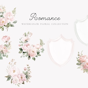May include: Watercolor floral collection titled "Romance" featuring bouquets of pink roses and greenery, along with two shield-shaped frames. The design is soft and elegant, perfect for wedding invitations or other romantic projects.