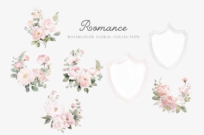 May include: Watercolor floral collection titled "Romance" featuring bouquets of pink roses and greenery, along with two shield-shaped frames. The design is soft and elegant, perfect for wedding invitations or other romantic projects.