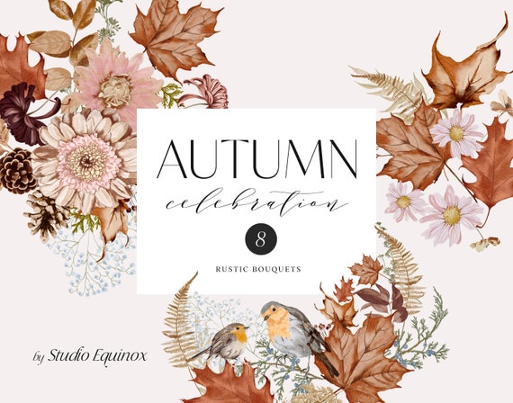 Watercolor Autumn Bouquet Clipart, Fall Floral Arrangements (PNG)
