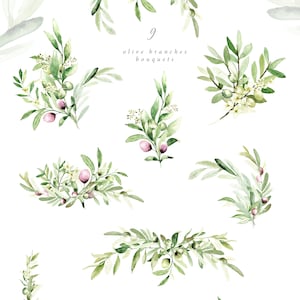 May include: Nine watercolor illustrations of olive branches with green leaves, white flowers, and pink berries. The text "9 olive branches bouquets" is written in the center of the image.