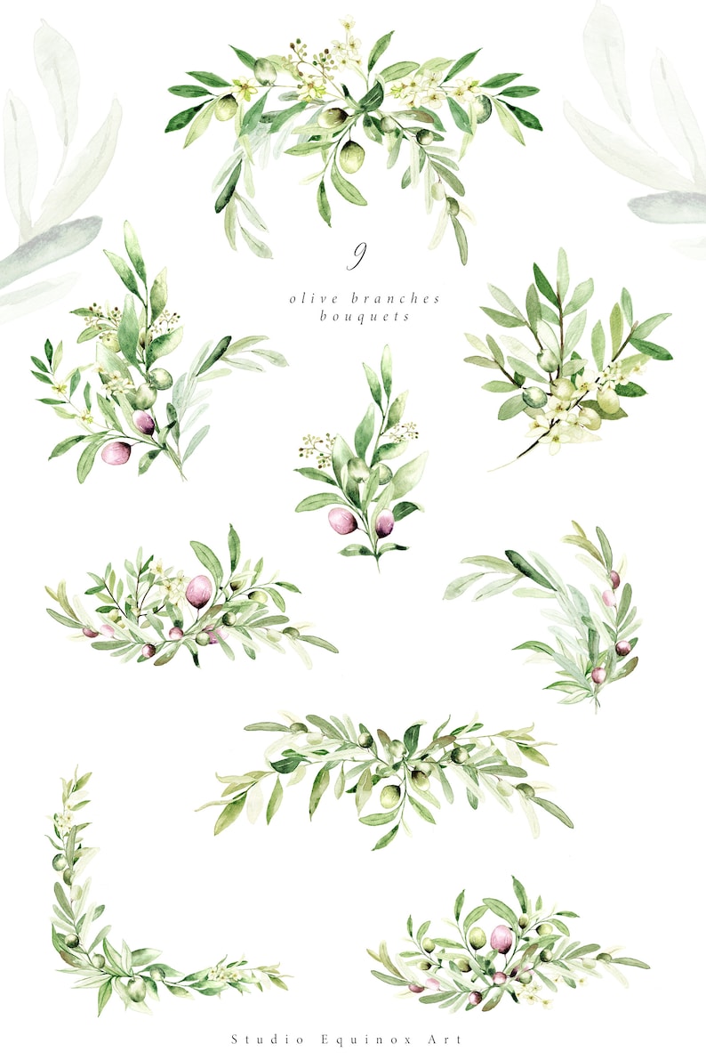 May include: Nine watercolor illustrations of olive branches with green leaves, white flowers, and pink berries. The text "9 olive branches bouquets" is written in the center of the image.