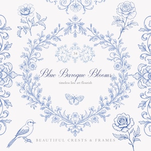 May include: A selection of blue floral illustrations and decorative elements on a white backdrop. The design includes roses, leaves, a bird, a butterfly, and ornate frames. Text reads "Blue Baroque Blooms" and "Beautiful Crests & Frames."