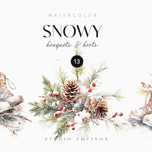 Clipart de inverno em aquarela, clipart de buquês rústicos de inverno, clipart de botas de inverno, clipart rústico em aquarela, buquê de frutas, neve em aquarela
