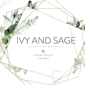Efeu und Salbei Grün Geometrische Rahmen, Aquarell Grün Rahmen Clipart, Geometrische Gold Rahmen, Grün Hochzeit Stationär, Polygon Rahmen