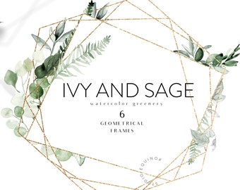 Watercolor Greenery Geometric Frames, Gold Clipart (PNG)