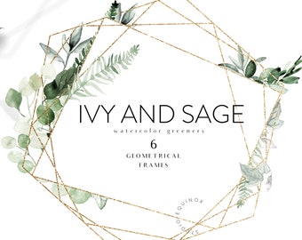 Ivy and Sage Greenery Geometric Frames, Watercolor Greenery Frame Clipart, Geometric Gold Frame, Greenery Wedding Stationary, Polygon Frame