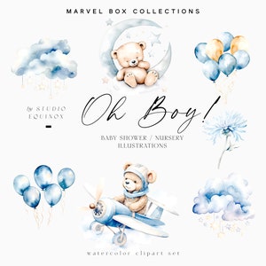 Acquerello Teddy Bear Baby Shower Clipart, Clipart di illustrazioni della scuola materna, Baby Boy Shower Party, Clipart di Teddy Bear, Clipart di adesivi
