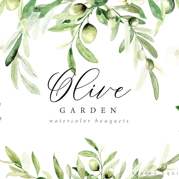 Bouquets d'aquarelle de jardin d'oliviers, arrangement de branche d'olivier, aquarelle d'olive, clipart d'olive, fleur d'olivier, conception de mariage méditerranéen