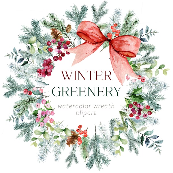 Corona de invierno en acuarela, piñas y bayas (PNG)