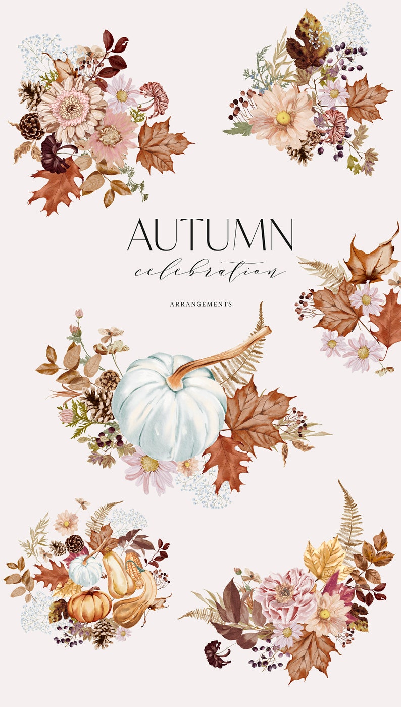 May include: Four watercolor illustrations of autumn floral arrangements with pumpkins, gourds, and fall leaves. The text "AUTUMN celebration ARRANGEMENTS" is in the center of the image.