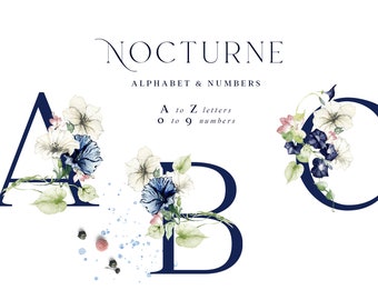 Navy Blush Floral Alphabet & Numbers – Watercolor Graphics (PNG)