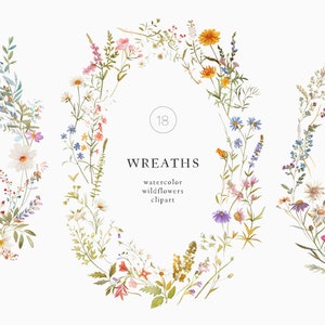 Aquarelles couronnes de fleurs, compositions de fleurs sauvages, couronnes de fleurs sauvages, clipart fleurs des champs, fleurs des prés, clipart mariage