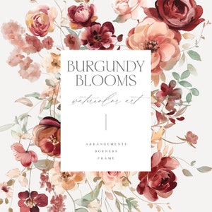 Bourgondische herfstbloemen - Bourgondië en Blush - Gedempte tinten - Herfstbloemen - Bloemstukken - Aquarel Clipart
