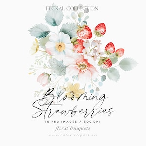 Aquarelle fraises bouquets de fleurs Clipart, fraises, fleurs de fraises botaniques, fleurs sauvages, clipart mariage, clipart autocollants