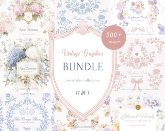 Paquete de gráficos vintage, colecciones de imágenes prediseñadas florales en acuarela, flores y adornos vintage